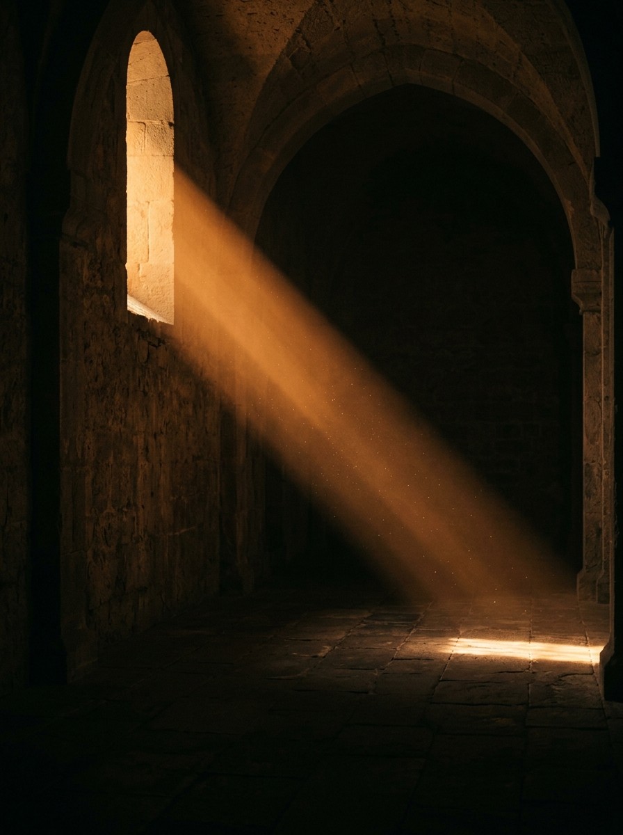 A warm amber light streak traverses a deep warm-dark wall in predawn stillness, glowing particles drifting in the beam.